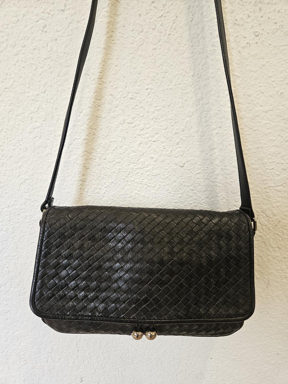 Vintage Ganson Black Woven Leather Crossbody Bag Intrecciato Flap Shoulder Purse
